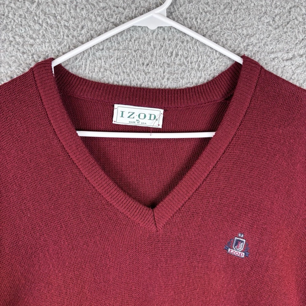 Vintage Izod Sweater Mens XL Red Knit V-Neck Acrylic 80s Made USA